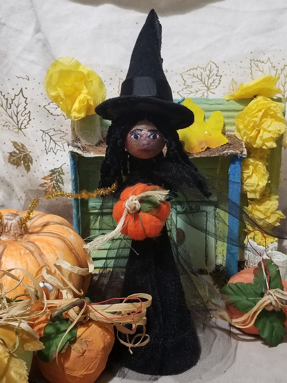 Handcrafted & Painted Black Witch Figurine Halloween Decor With Orange Pumpkins